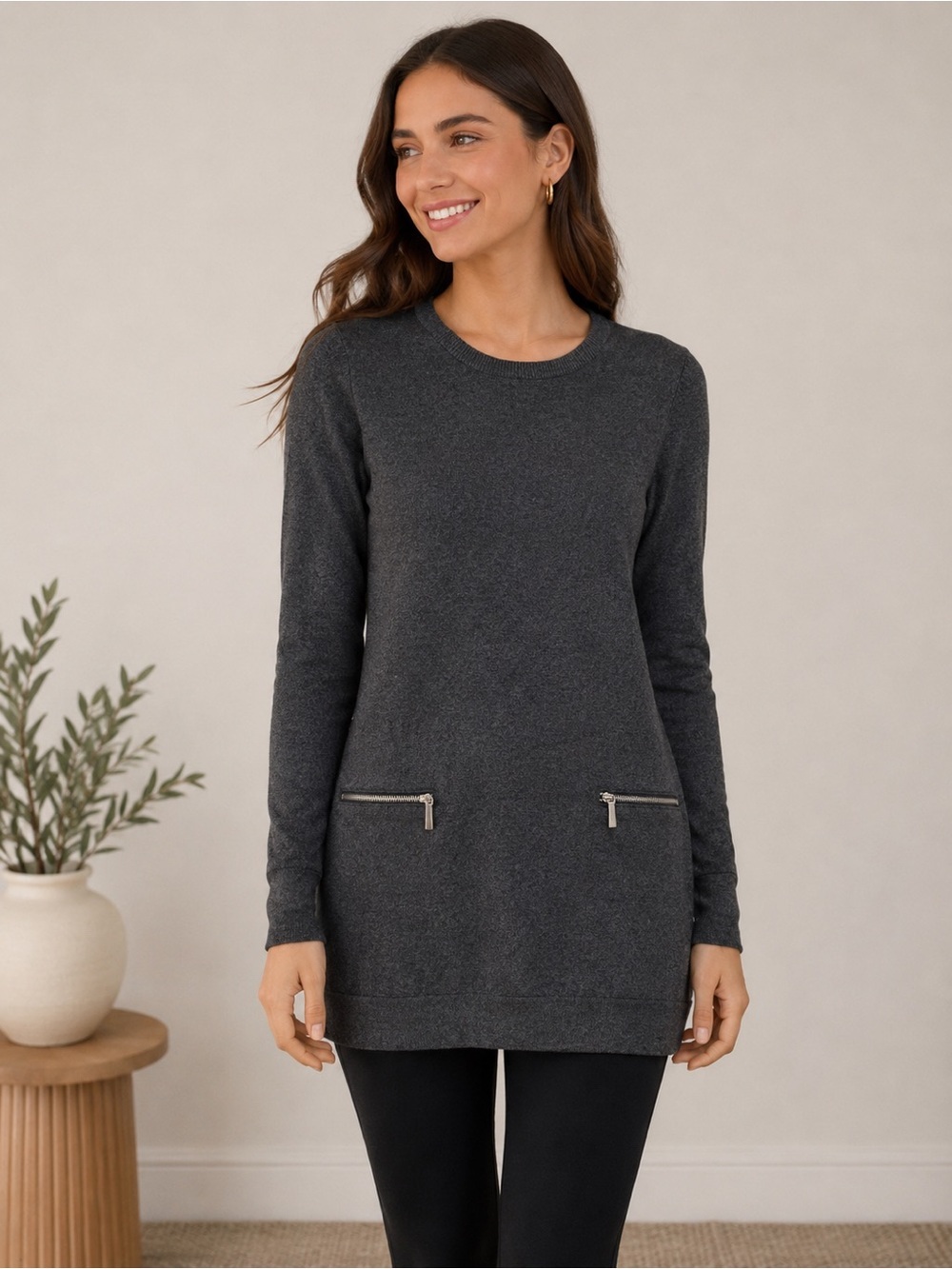 Michael Michael Kors Gray Knit Tunic Sweater w/ Zip Pocket Detail Size Medium